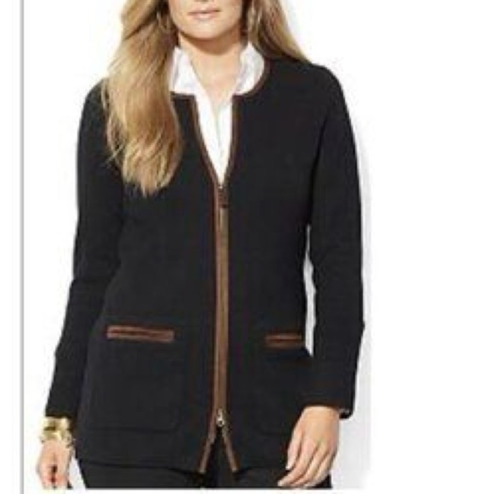 Lauren Ralph Lauren Equestrian Long Line Zipper Cardigan Faux Suede Contrasting